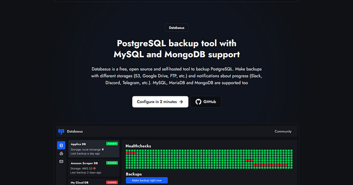 Databasus — open source backup tool for PostgreSQL, MySQL and MongoDB ...